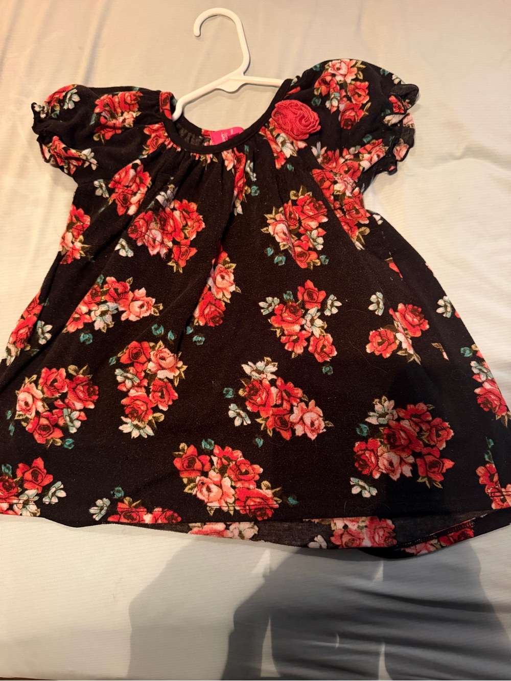 Pinky Black Floral Puff Sleeve Girls Top with Red Roses